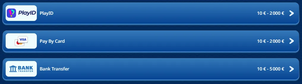 Payment methods available at SG Casino